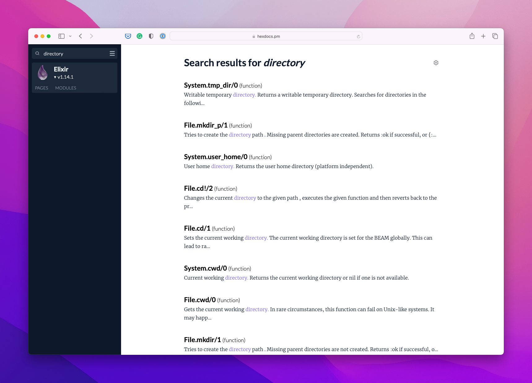Screenshot of the result of searching for "directory" in the Elixir
documentation